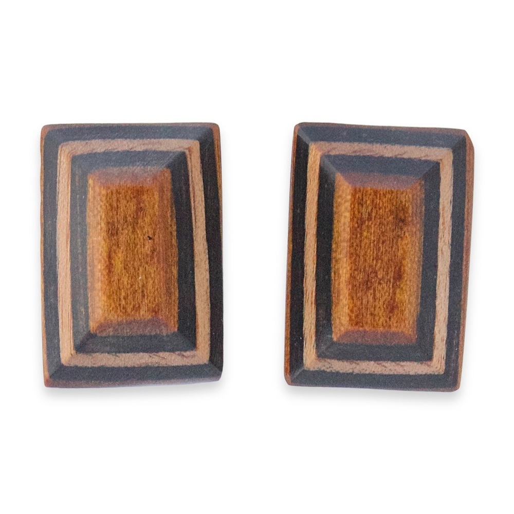 Vintage Wooden Stud Earrings Brown & Black Wood Inlay Rectangle Studs Modernist